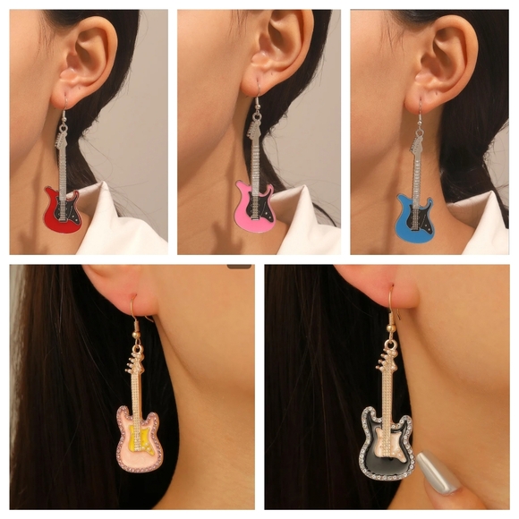 Guitar Earrings Pink Black & Silver - Picture 6 of 8